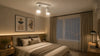 A cozy bedroom featuring a neatly made bed, a bedside lamp, and framed pictures adorning the walls.