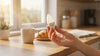 A hand holds an LED light bulb in a bright kitchen. Beside it sits a steaming mug and a croissant on a plate, evoking a warm, cozy morning atmosphere.
