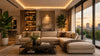 Elegant living room with a large beige sectional sofa, modern decor, and lush plants. A sunset view through glass doors creates a warm, inviting atmosphere.
