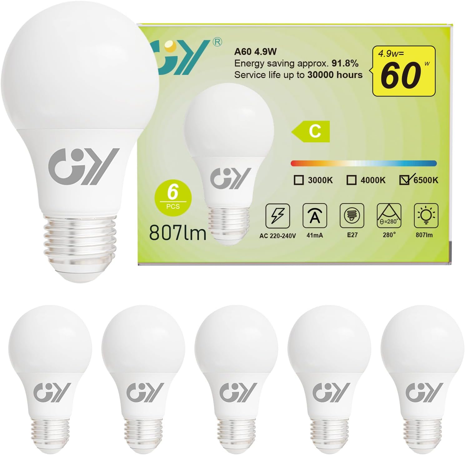 GY E27 LED A60 Lampe | 4,9 W, 807 Lumen [Energieklasse C]