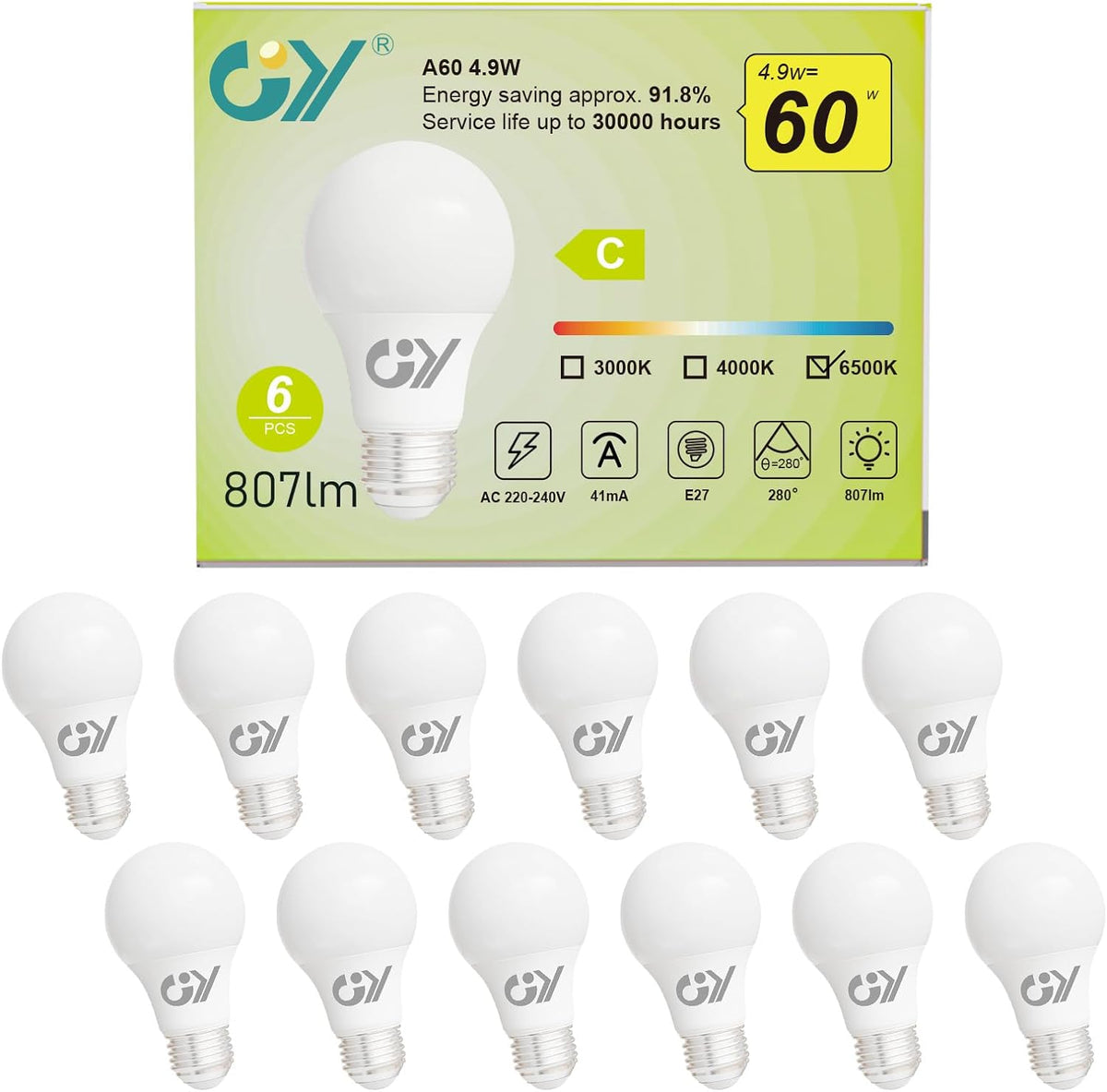 GY E27 LED A60 Lamp | 4.9W, 807 Lumens [Energy Class C]