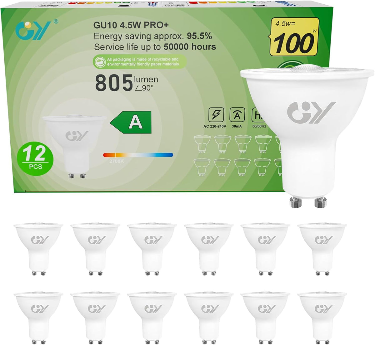 GY GU10 LED Lampe 4,5W 805lm 36° ersetzt 100W Halogen – Energieeffizienzklasse A