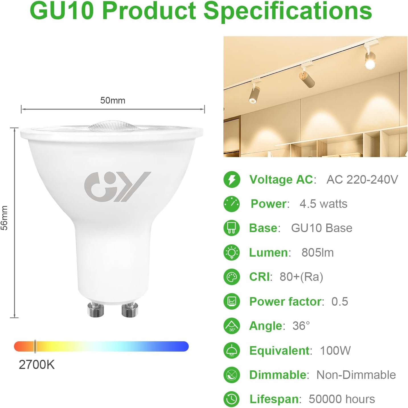 GY GU10 LED Lampe 4,5W 805lm 36° ersetzt 100W Halogen – Energieeffizienzklasse A