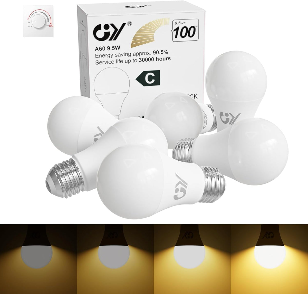 GY E27 LED A60 Dimmable, 9.5W,1521Lumens, [Energy Class C]