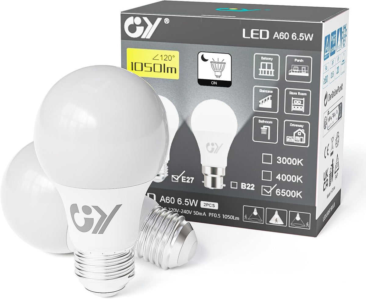 GY E27 A60 LED-Lampe, Kaltweiß | 6,5 W, 6500 K, 1050 Lumen | Sensor, Auto An/Aus | [Energieklasse C]