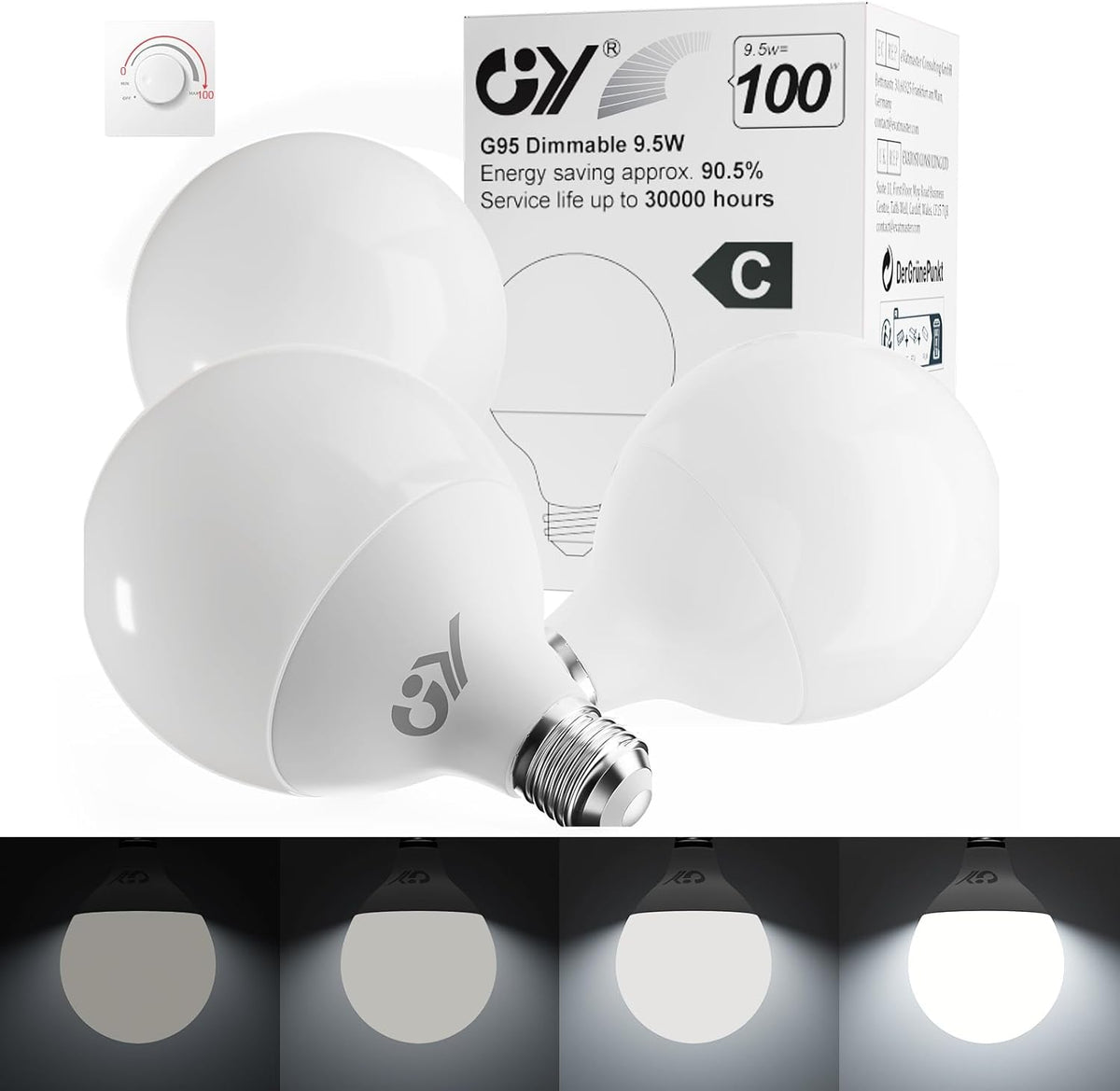 Lampe LED à intensité variable GY E27 G95 | 9.5 W, 1521 lumens [Classe énergétique C]