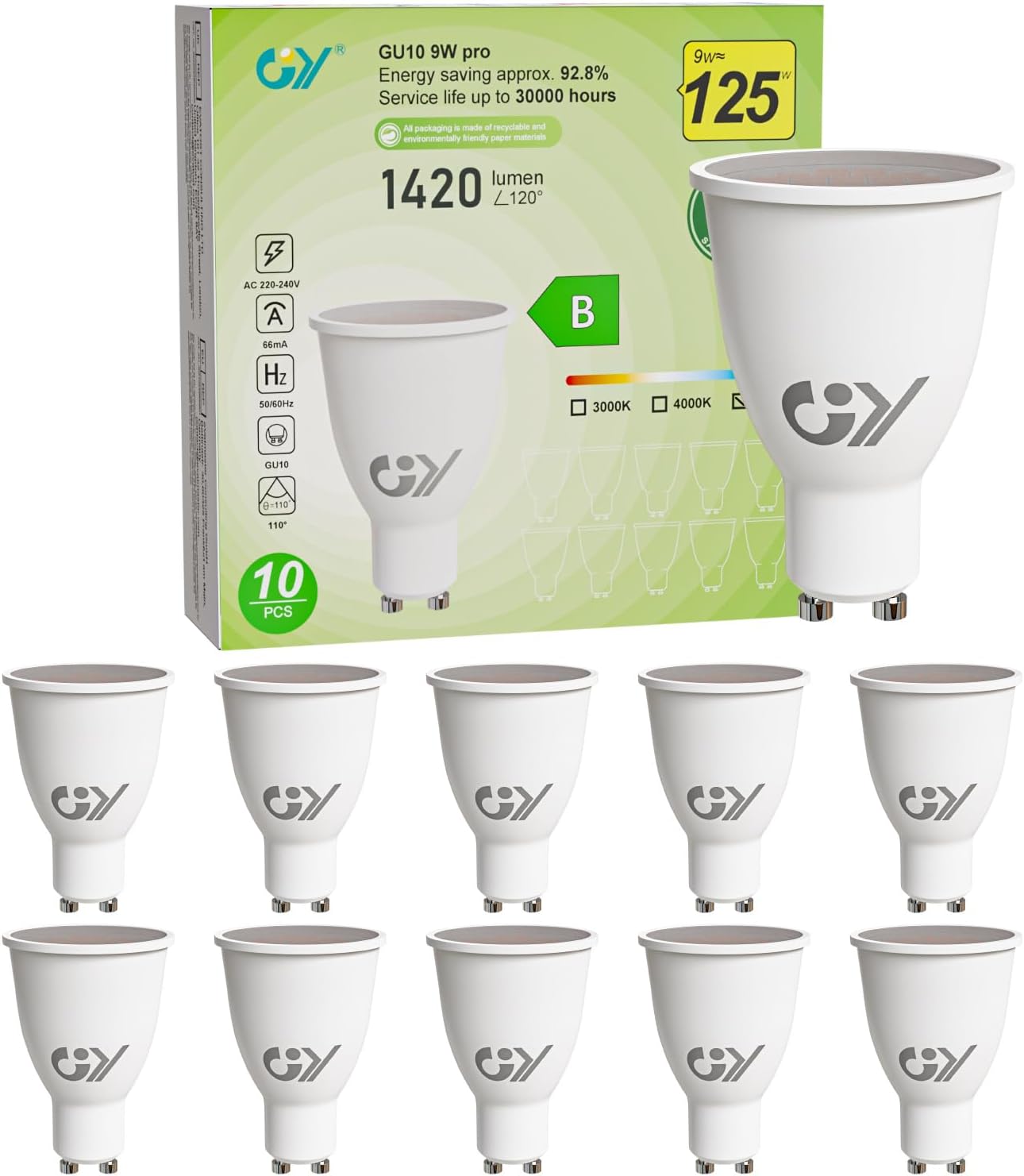 GY GU10 LED Lampe 9W 1420 Lumen – ersetzt 125W Halogen, IP44 wasserdicht, Langhals-Design, für Innen- und Außenbereich,Energieeffizienzklasse B