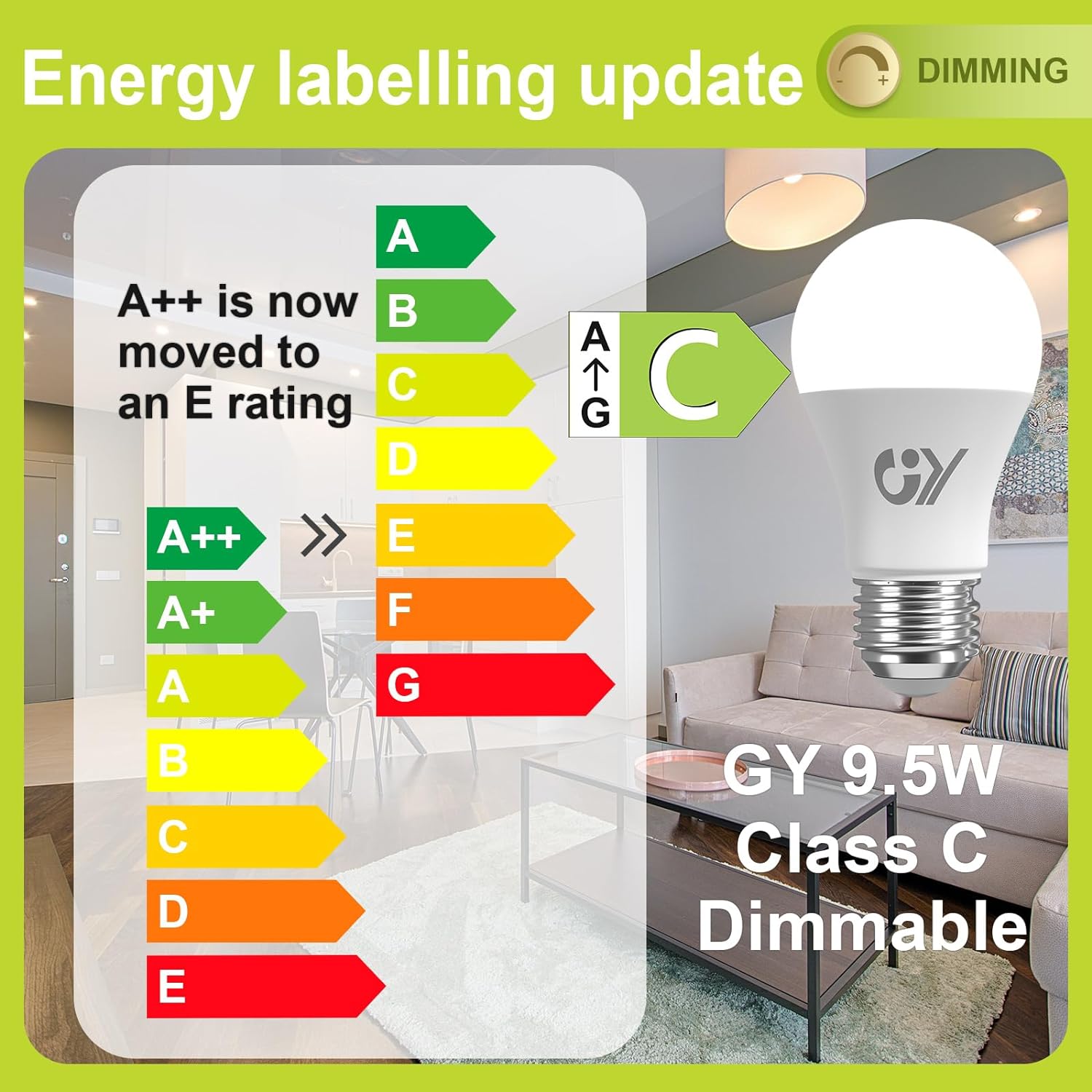 GY E27 LED A60 Dimmable, 9.5W,1521Lumens, [Energy Class C]