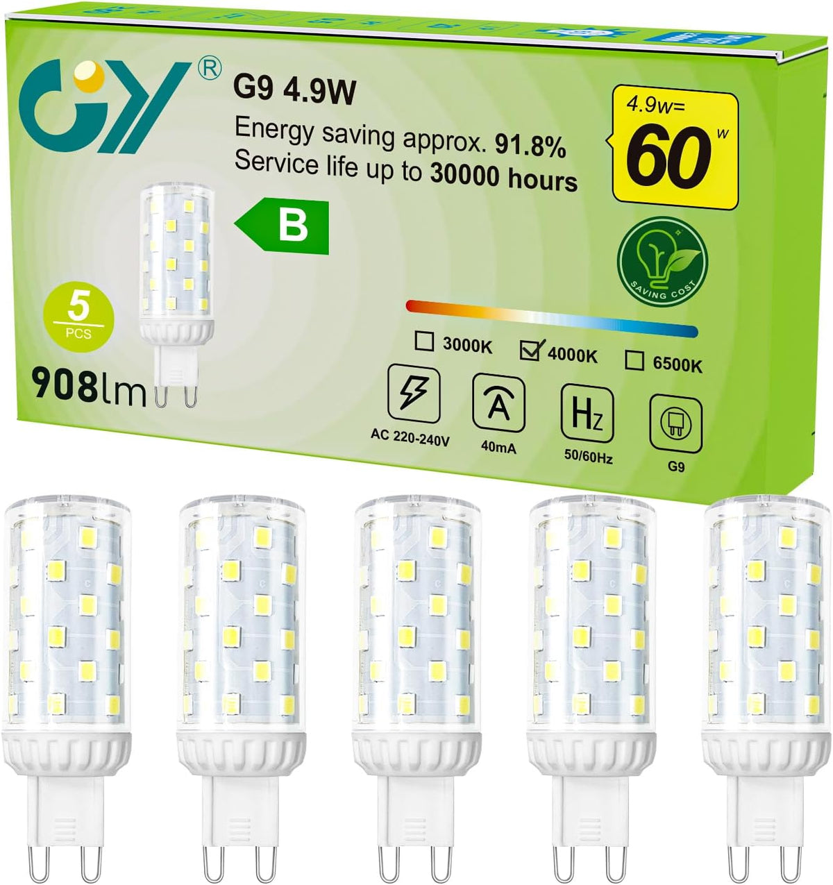 GY G9 LED Lamp | 4.9W, 908 Lumens [Energy Class B]